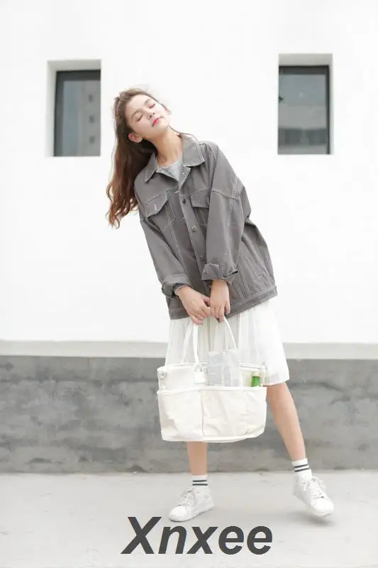 Женская джинсовая куртка Xnxee однотонная Свободная с длинным рукавом и винтажными