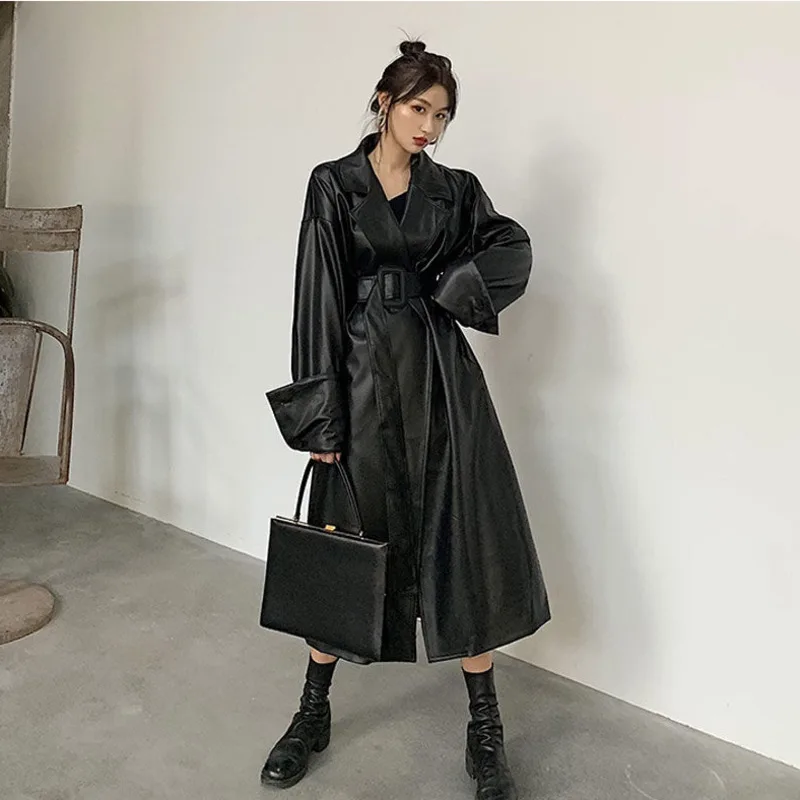 Long All-match Faux Leather Jackets Trench Coat Women Long Sleeve Lapel Loose Belt Clothing Streetwear Casaco Jaquetas Chaquetas