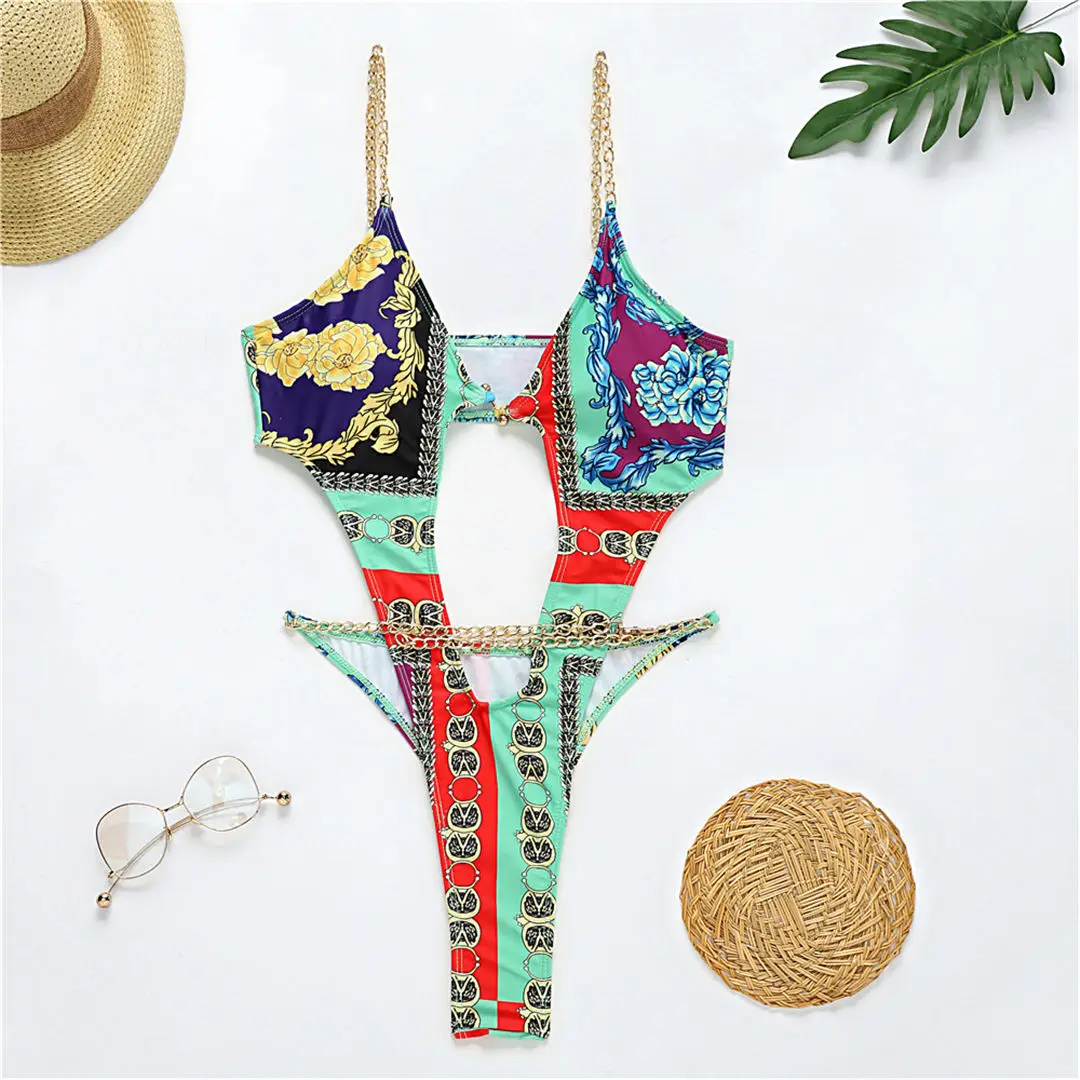 

New Sexy Printed Tummy Cut Out Women Swimwear One Piece Swimsuit Female Bather Bathing Suit Swim Lady Monokini V2594
