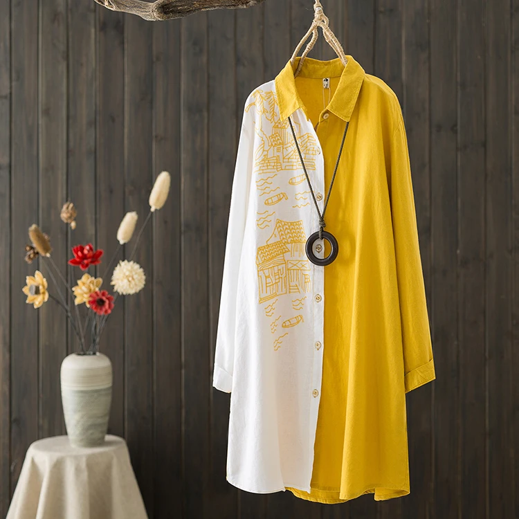 

Women Cotton Linen Embroidery Blouse Long Sleeve Patchwork Color Top Casual Wear Midi-length Shirt 2021 New