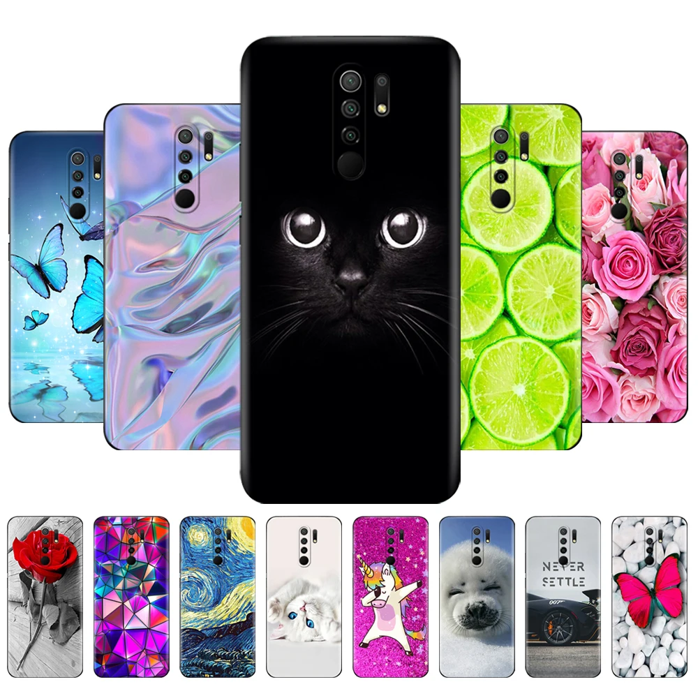 

For xiaomi redmi 9 Case Soft Silicon Back Cover Phone Case For redmi 9 Cases 6.53 inch etui coque bumper black tpu flower fruit