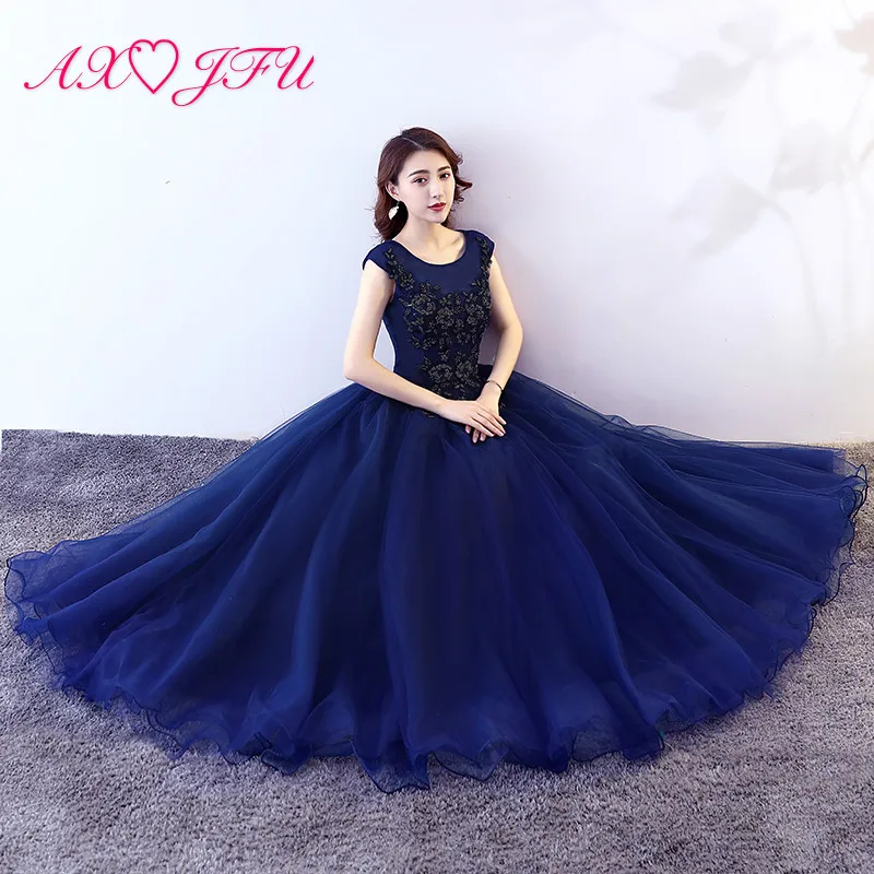 

AXJFU princess navy blue lace flower bride evening dress vintage o neck sleeveless beading ball gown stage host evening dress