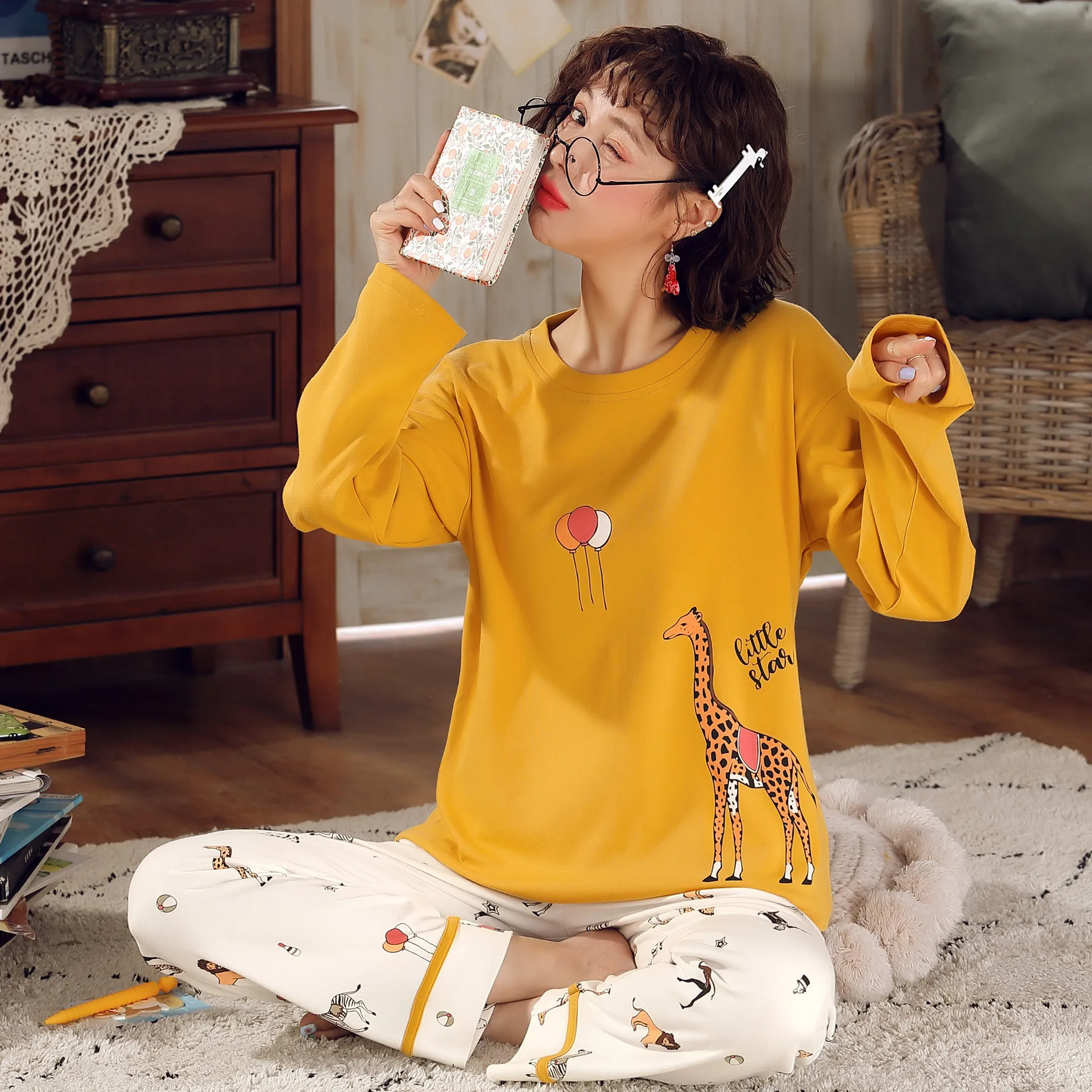 Photo Color Новинка, хлопок, длинный рукав, Женский пижамный комплект, Осень-зима, женская пижама с рисунком жирафа, домашняя одежда, ночная рубашка - Цвет: Photo Color