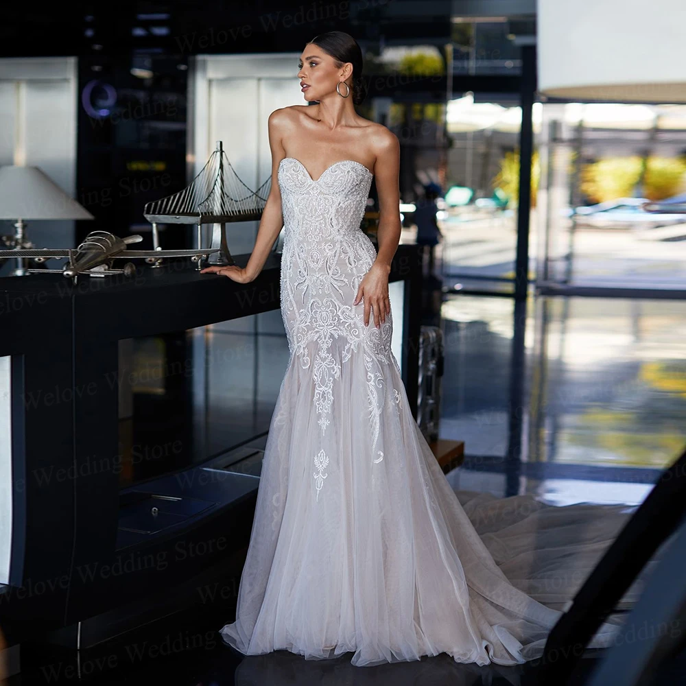 

Chic Mermaid Wedding Dress Strapless Long Lace Bridal Gown For Woman Sleeveless Sweep Train Vintage Vestido De Novia Boda 2021
