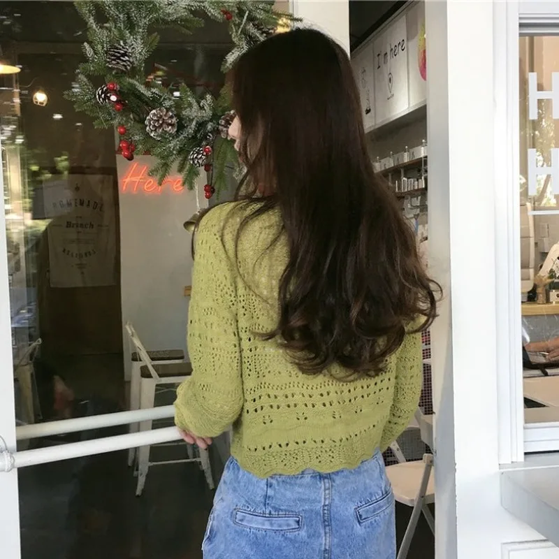 

Spring Autumn Top New V-neck Short Shirt Hollow-out Long Sleeve Women Sweaters&Jumpers Bandage Tie Up Sweater Pullover Loose-Fit