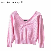 sexy vintage v neck folds pink peach heart hollow knit sweaters slim thin 34 sleeve short crop tops pullover jumpers for woman