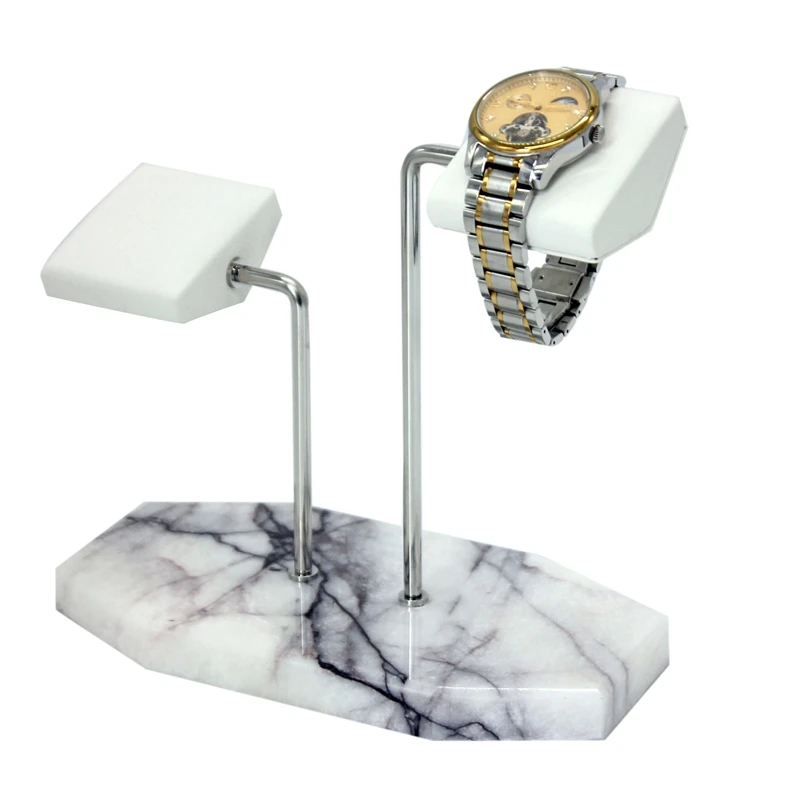 

White Marble Silver Support Rod Watch Stand Display Stand White PU Leather Double Watch Jewelry Bracelet Storage Rack