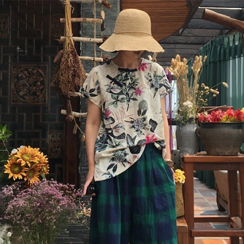 

New Short Sleeve Tops O-Neck Chinese Style Plate Buckle 2021 Summer Vintage Print Slit Loose 3 Colors Women Shirts
