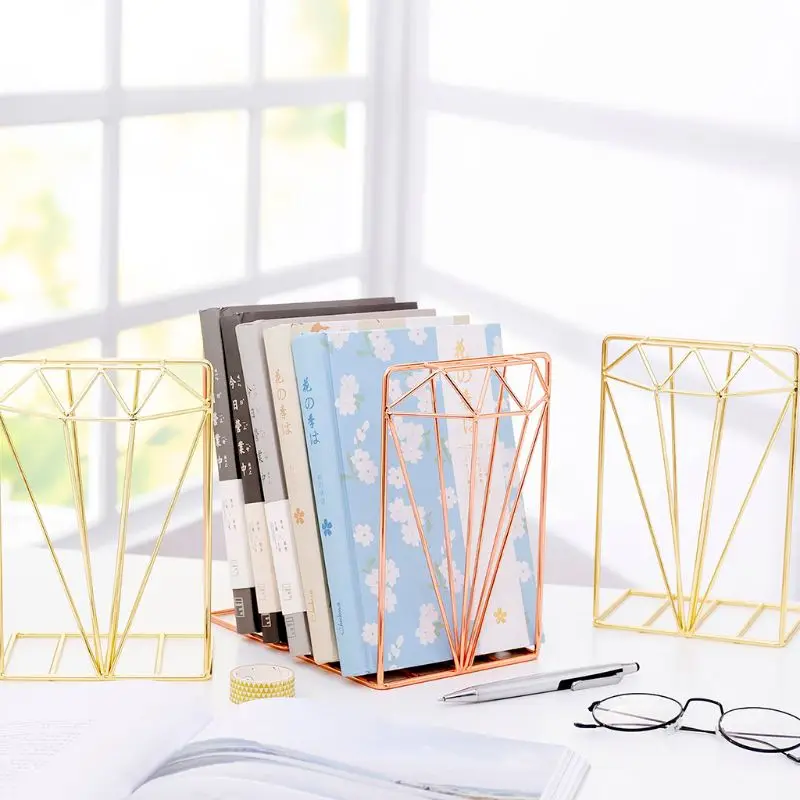 

Creative Diamond Shaped Metal Bookends Desk Organizer Book Support Stand Storage Holder Shelf