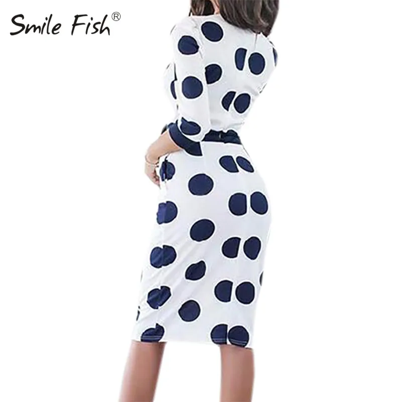 В деловом стиле с бантом Элегантное платье в горошек леди осеннее женское