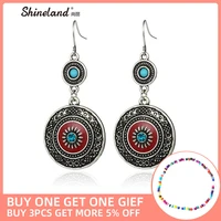 shineland vintage ethnic style brincos bohemian trendy red enamel rhinestone acrylic flower drop earrings for women 2021 gift