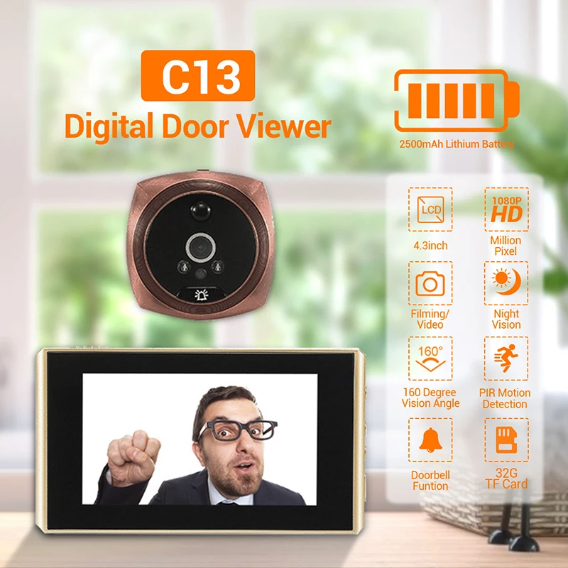 4.3 Inch LCD Color Screen 1080P 4X Digital Zoom Doorbell 160 Degree Door Eye Doorbell Electronic Cat Eye Door Camera Doorbell