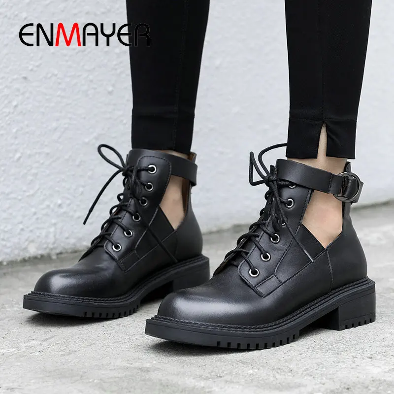 

ENMAYER 2020 Basic Ankle Boots for Women Fashion Genuine Leather Lace-Up Round Toe Winter Shoes Women Buckle Womens Boots 34-39