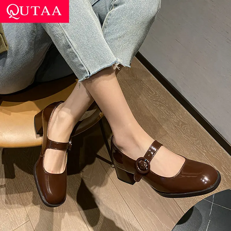 

QUTAA 2022 Cow Patent Leather Square Med Heel Basic Female Shoes Spring Mary Janes Round Toe Casual Women Pumps Size 34-39
