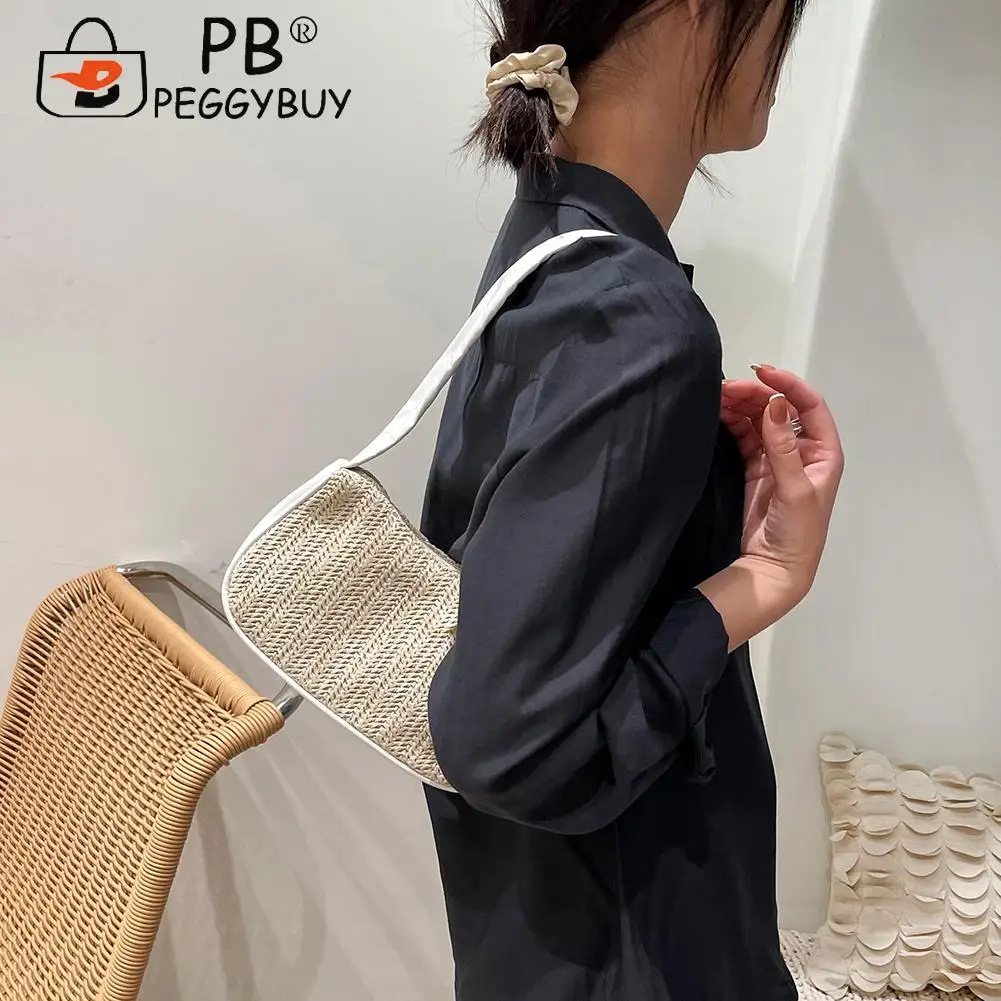 

Fashion Ladies PU Woven Patchwork Shoulder Bag Women Summer Beach Underarm Bags Leisure Travel Shoulder Underarm Bag