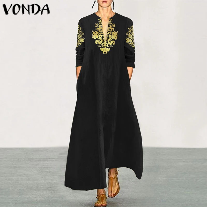 Длинное платье макси VONDA, женские винтажные повседневные свободные Сарафаны с принтом, женские сексуальные хлопковые вечерние платья с v-образным вырезом, большие размеры, женское платье