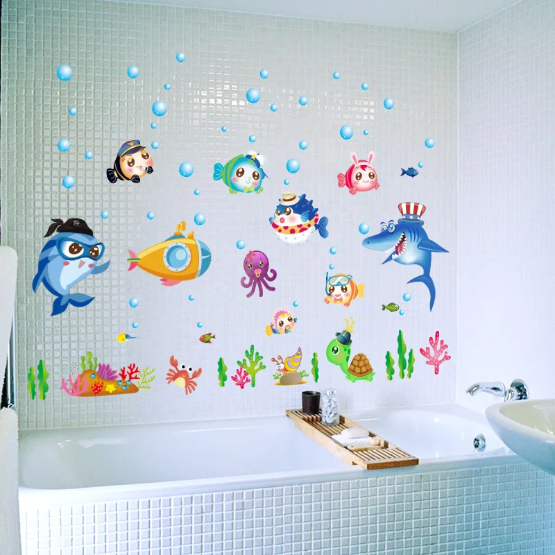 

Cartoon Underwater Animal World Wall Stickers for Kids Room Bathroom Bedroom Vinyl Wall Decals Removable Murals