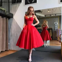 princess a line prom dresses tea length 2021 red sweetheart backless charming evening dress party gowns pocket vestidos de gala