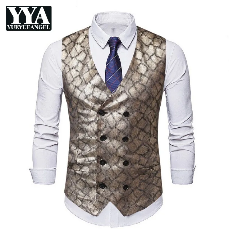 Модный мужской облегающий жилет с золотым и серебряным принтом деловой