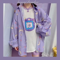 deeptown kawaii korean style women shirts purple cute jk blouse women long sleeve moon print button up shirt oversized tops
