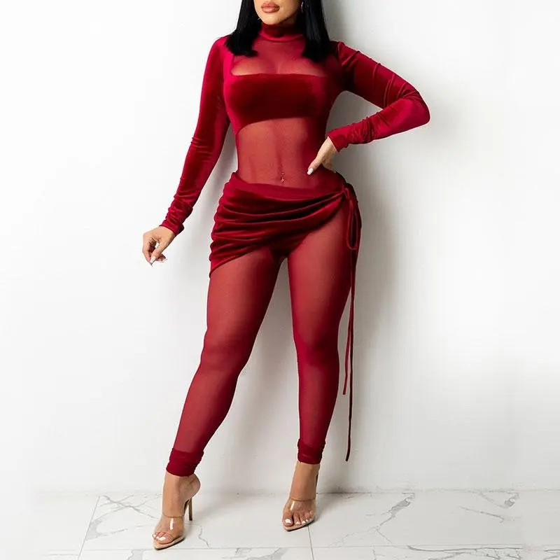

New Women Velvet Long Sleeve Sheer Mesh Patchwork 2PCS Jumpsuit
