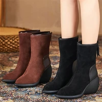high top winter warm ankle boots women cow leather chunky high heels snow boots female pointed toe platform pumps casual shoes