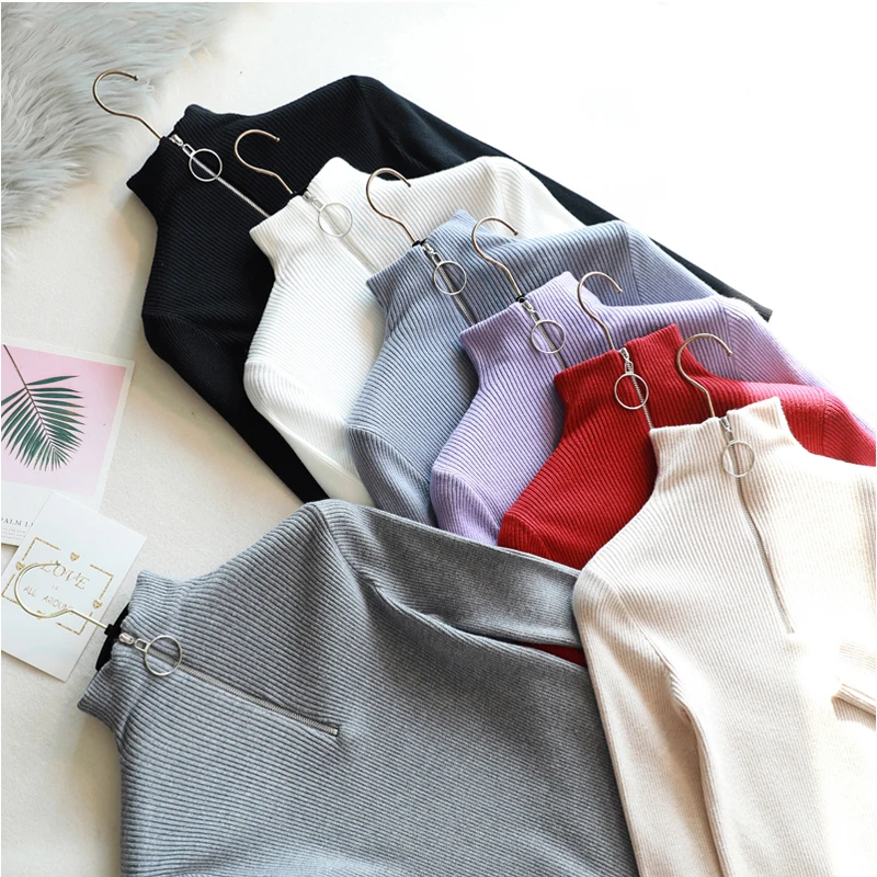 Casual Zipper Sweater Women Turtleneck Autumn Winter Tops Solid Long Sleeve Fashion Knitted sweaters Pullovers Chic Soft Jumper | Женская
