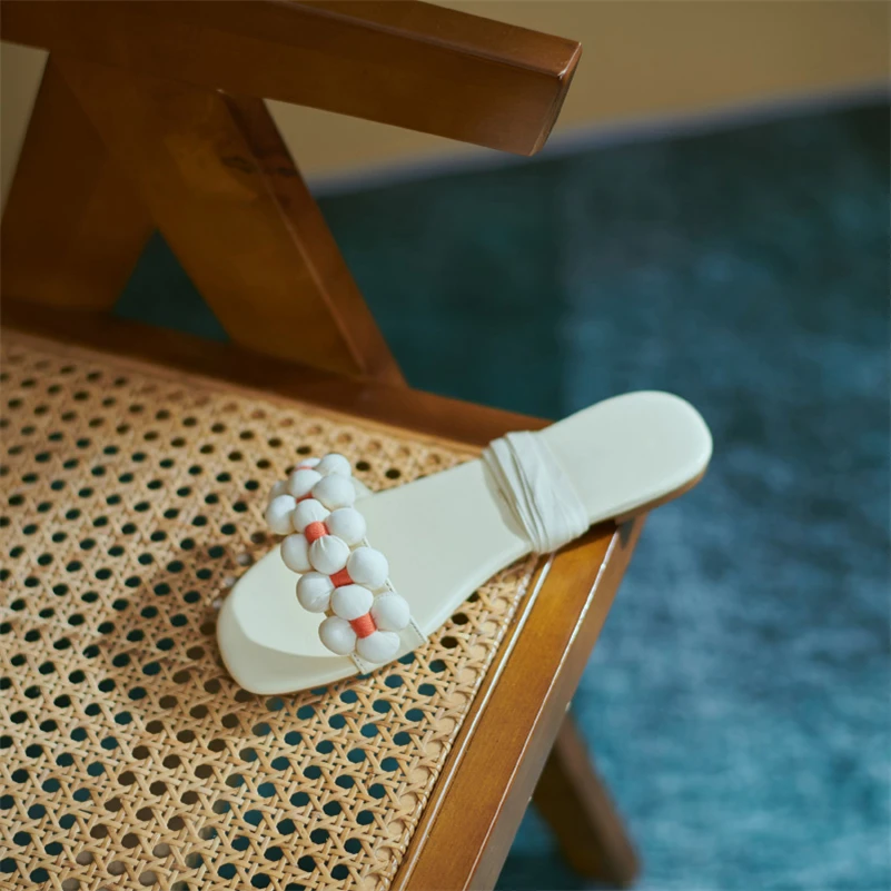 

ANNYMOLI Sandals Shoes Women Cross Strap Flat Sandals Flower Round Toe Ladies Footwear Summer Fashion Shoes Beige 2021 New