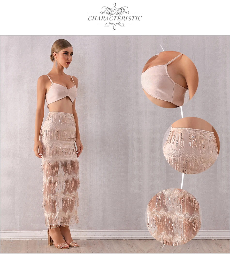 ADYCE, Новое поступление, женские наборы с блестками, Vestidos,, 2 предмета, набор на тонких бретелях, топ с кисточками, вечернее платье в стиле знаменитостей