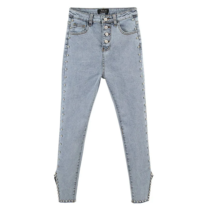 

Denim Pants Women's 2020 New Spring Diamond Single Breasted High-waisted Slim Slit Jeans Pants Lady Skinny Cowboy Trousers