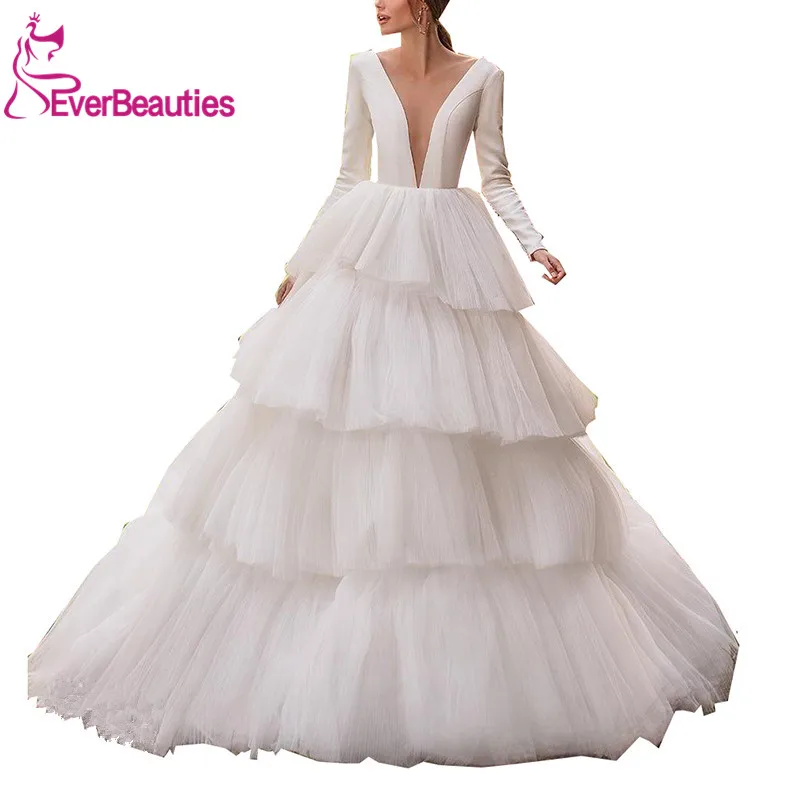

Bridal Long Sleeves Wedding Dress 2020 V-Neck Tulle Bride Dress Minimalist Tiered Skirt Wedding Gown Ball Gown Vestido De Noiva