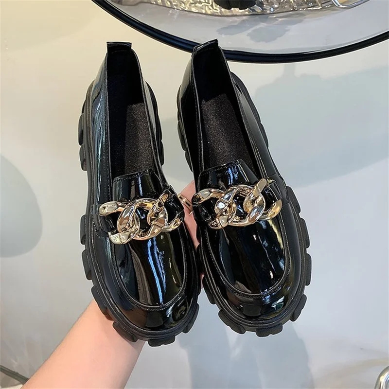 YeddaMavis Black Female Shoes Women Fashion Mary Janes Round Toe Metal Loafers Oxfords Shoes Casual Ladies Heels Shoes For Women