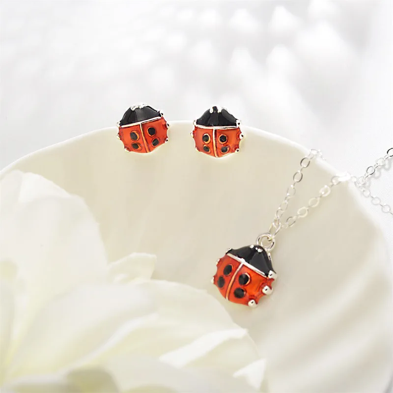 Модный милый красный Coccinella Septempunctata ожерелье с насекомыми и серьги ювелирный