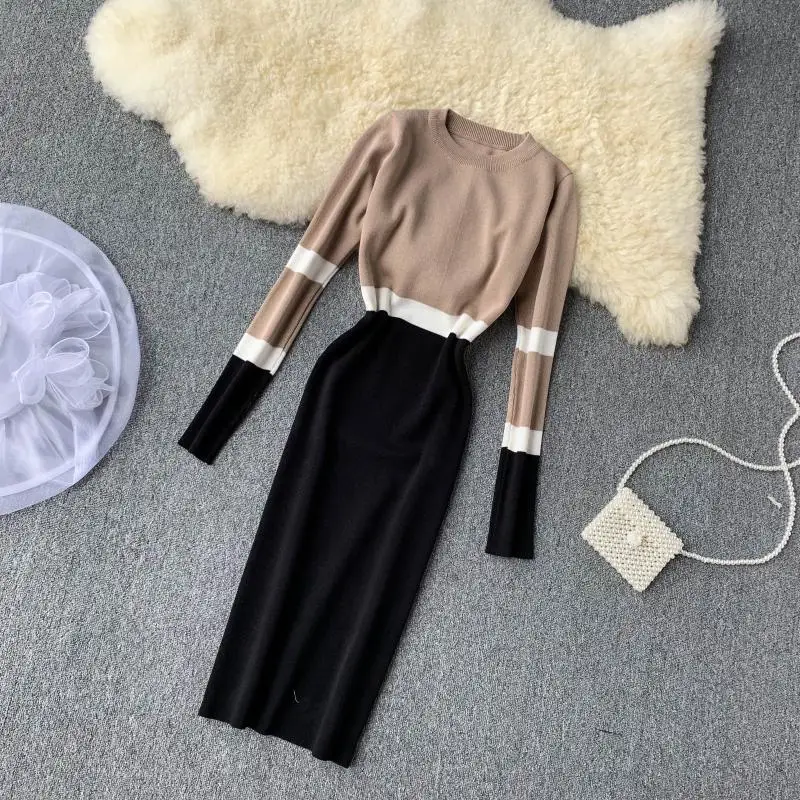 ALPHALMODA осенне-зимнее женское трикотажное платье хит цвета новое ретро с высокой талией цветное с длинным рукавом тонкое трикотажное цельное платье