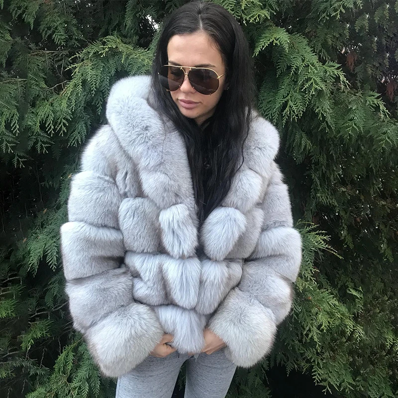 2022 Fashion Real Fox Fur Jackets For Women Short Natural Whole Skin Fox Fur Coats With Hood High Qulaity Fur Coat Luxury Woman