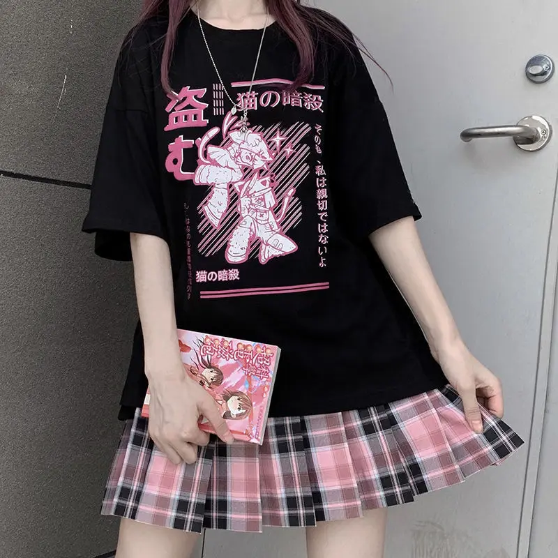 

2021 New printed top black short-sleeved T-shirt high waist A-line pleated skirt Two-piece street punk style Plaid skirt women