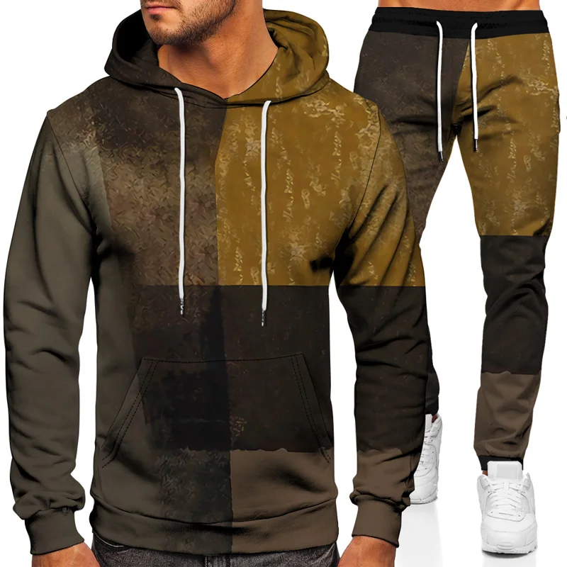 

2021 Autumn Winter Women/Men Jogger 3D Pants Sweatshirt Color Matching Graphic Casual Hooded Sweatshirt + Trousers 2Piece Set