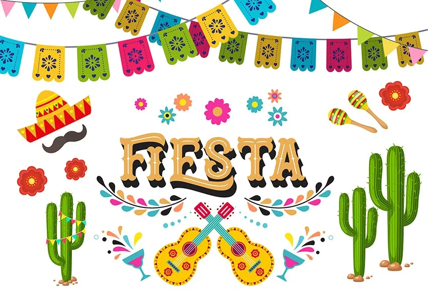 

7x5ft Mexican Fiesta Party Color Flags Flowers Guitar Desert Cactus Custom Photo Studio Background Backdrop Vinyl 220cm x 150cm