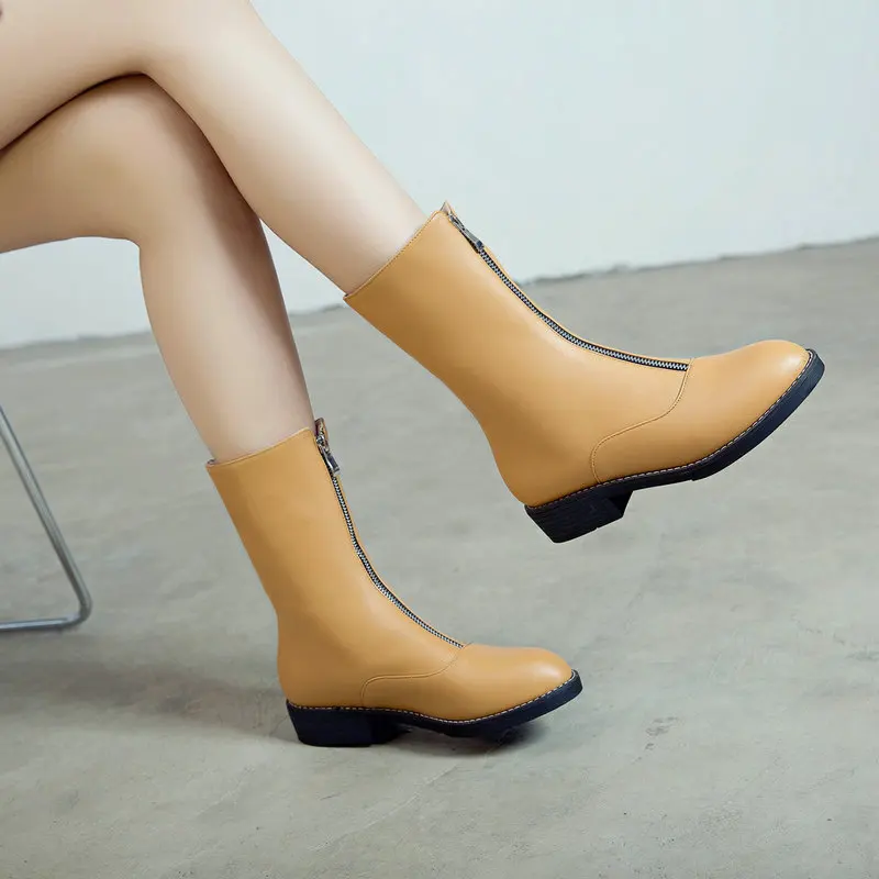 

2021 Autumn Winter Ankle Boots Ladies Fashion Square Heel Ankle Boots Solid Color Round Toe Low Heel Zipper Women's Shoes