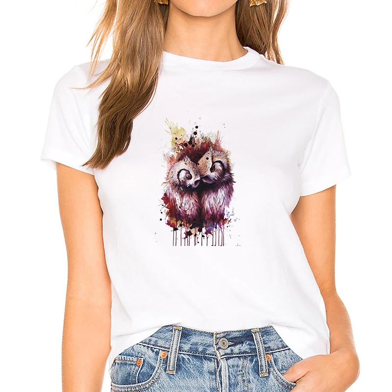 

Summer 2021 New Tops Trend Cute Owl Print Ladies T-shirt Casual White Shirt Short Sleeve Lady T shirt Harajuku Women Street Tees