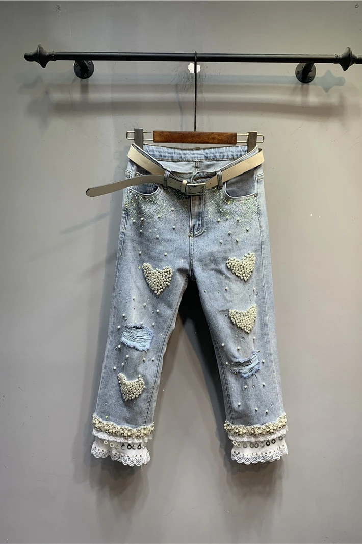 

2021 Summer Love Beaded Ripped Lace Stitching Light-Colored Jeans Women's Fashion Sweet Rhinestone Straight-Leg Pants
