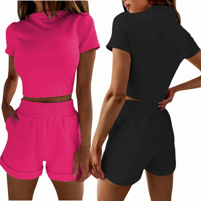 

2 Pcs Set Solid Color Women Crop Tops Shorts Suit Summer Sexy Slim Short Sleeve T Shirt Short Pant Female Sports Casual Clothing