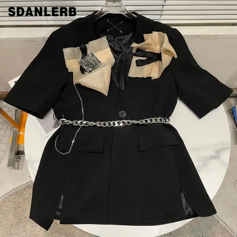 

Fall 2021 New Black Loose Women Blazer Coat Fashionable Mesh Rhinestone Flower Chain Short Sleeve All-matching Suit Jacket