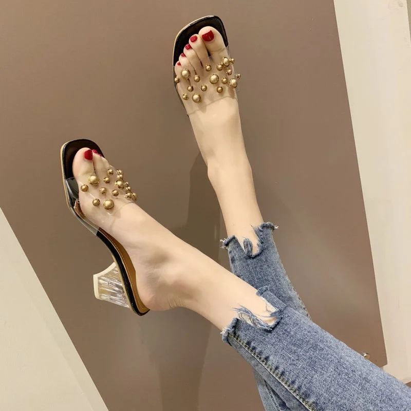 

2021 New Summer Ladies Thick Heel Outer Slippers Gentle and Elegant Women's Shoes Rivet Trend Women's Shoes