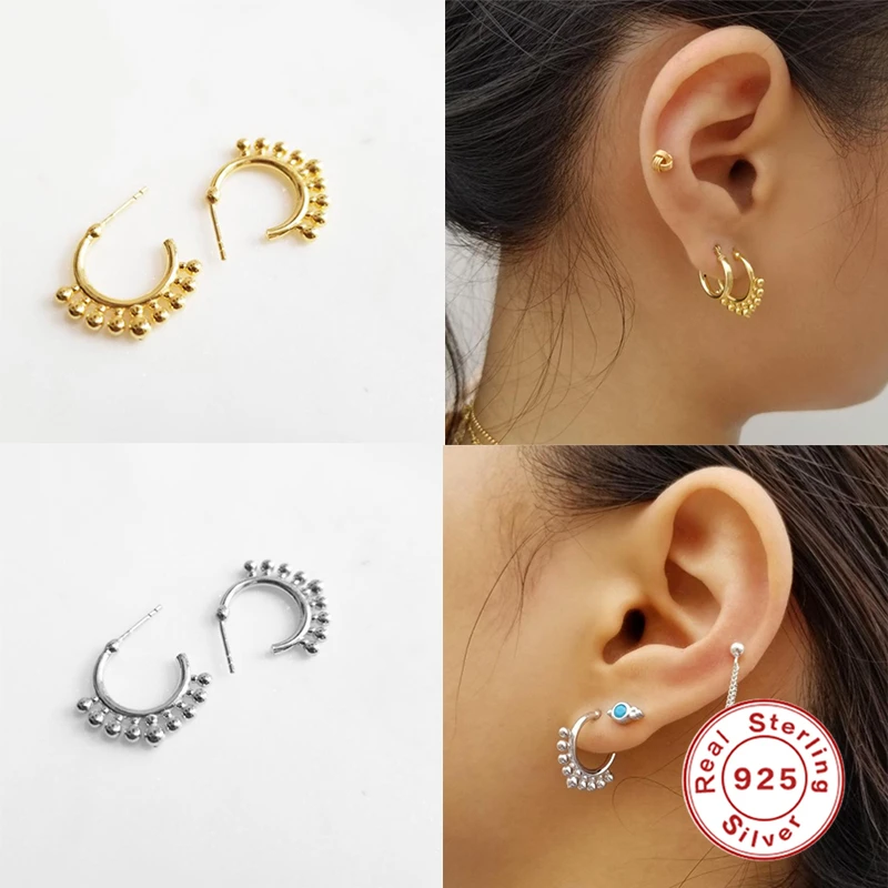 GS 925 Стерлинговое Серебро геометрической формы маленькие бусины круг серьги