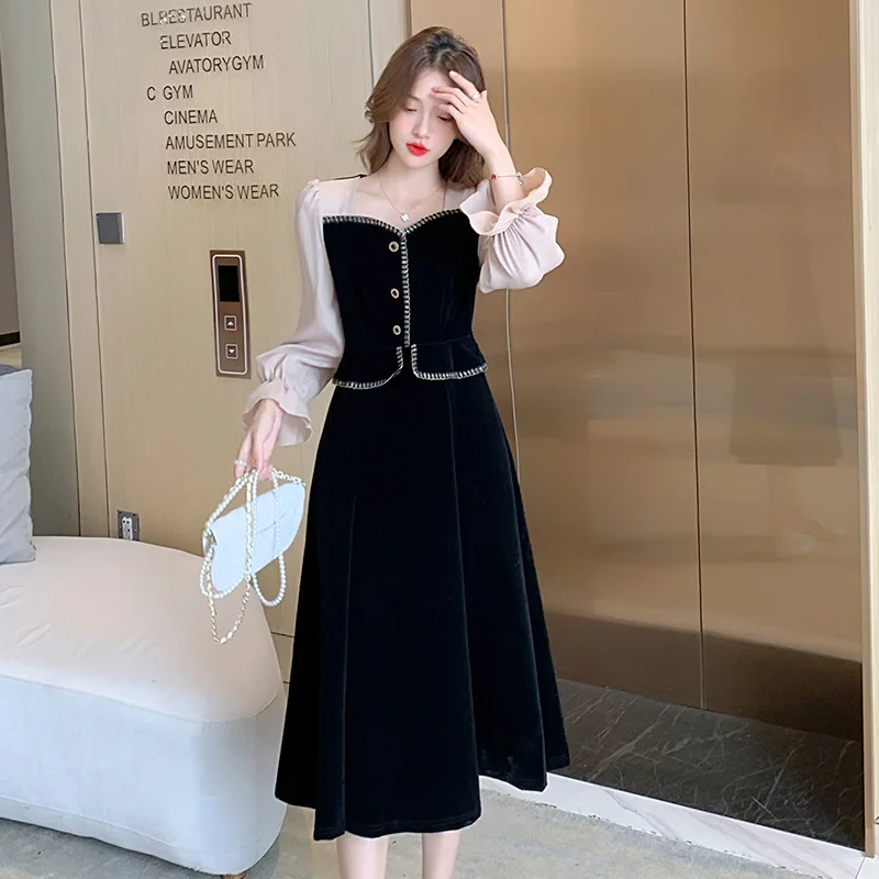 

Spot Style Long Sleeve Dress Autumn New Pullover Patchwork Korean Style High Waist line Skirt
