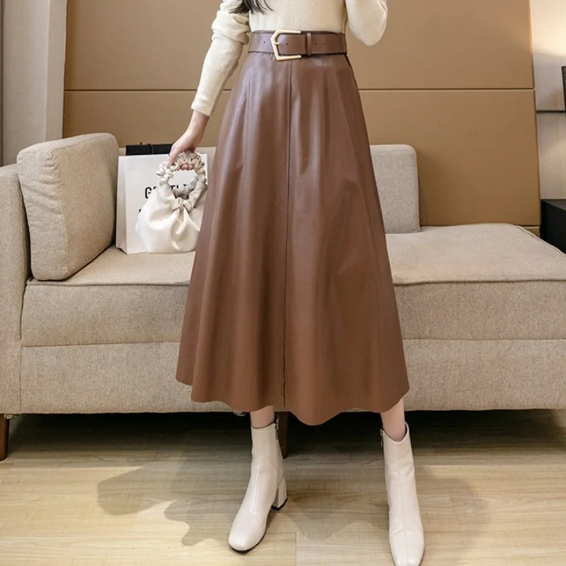 

Женское кожаное платье миди с завышенной талией, трапециевидной формы