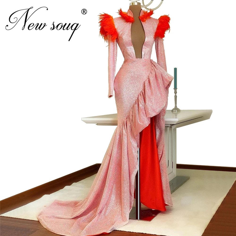 

Luxury Feathers V Neck Party Dress Long Sleeves Evening Gowns 2020 Robe De Soiree Dubai Shiny Pink Prom Dresses Arabic Vestido