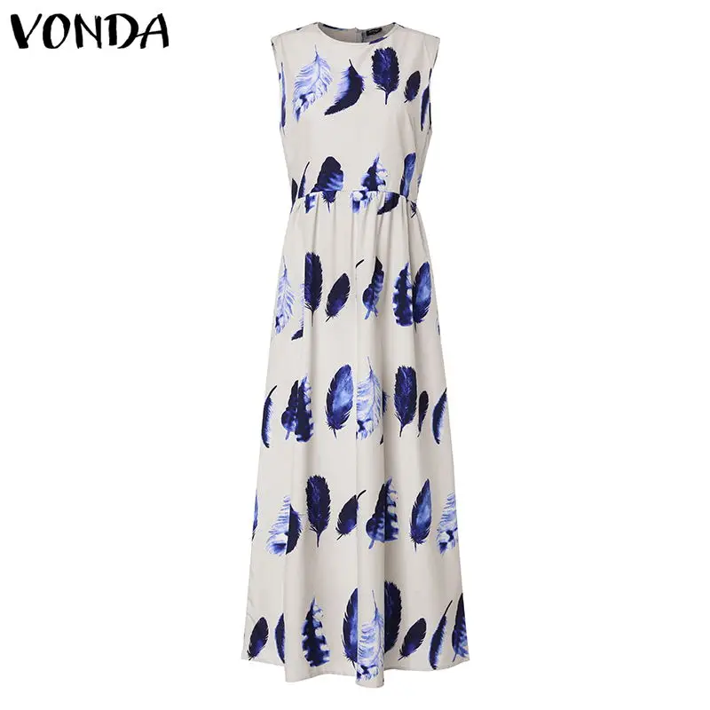 Blue Летнее платье, женское платье макси,, VONDA, модное, женское, повседневное, с круглым вырезом, вечерние, Vestisos, сексуальные платья с принтом, женское платье размера плюс - Цвет: Blue