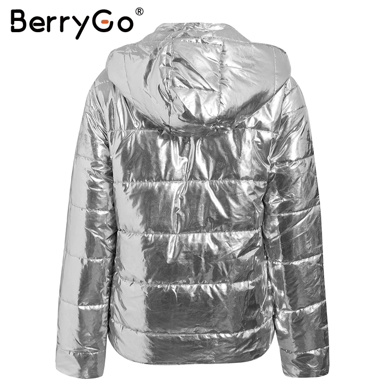 BerryGo/серебряное зимнее женское пальто с капюшоном Дамская парка на молнии с карманами, большие размеры, толстые теплые пуховые куртки, верхняя одежда